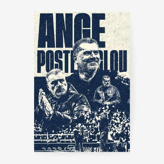 Ange Postecoglou Tottenham poster featuring the Spurs manager in a navy and cream vintage football design