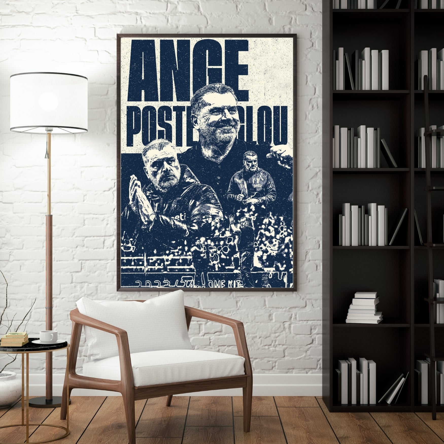 Ange Postecoglou Tottenham football poster displayed in a modern interior with a navy and cream vintage design