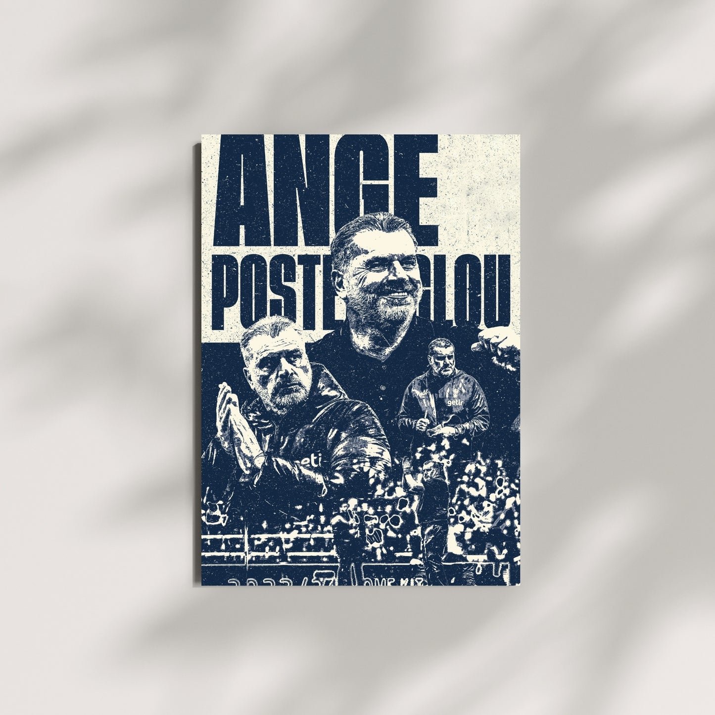 Ange Postecoglou Tottenham wall art featuring the Spurs manager in a navy and cream vintage football design