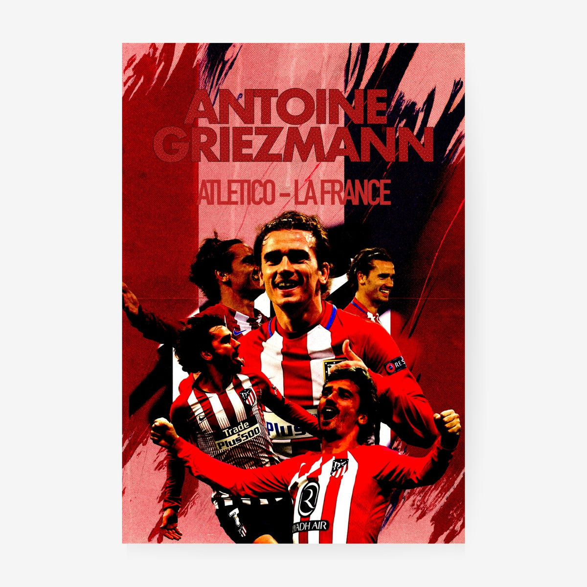 Antoine Griezmann Atletico Madrid football poster featuring a red and white collage design
