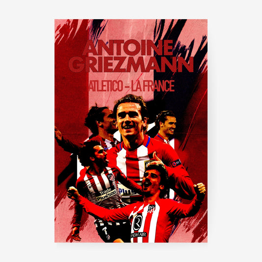 Antoine Griezmann Atletico Madrid football poster featuring a red and white collage design