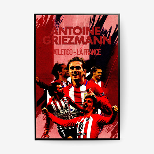Antoine Griezmann football poster featuring iconic Atletico Madrid moments in a black frame