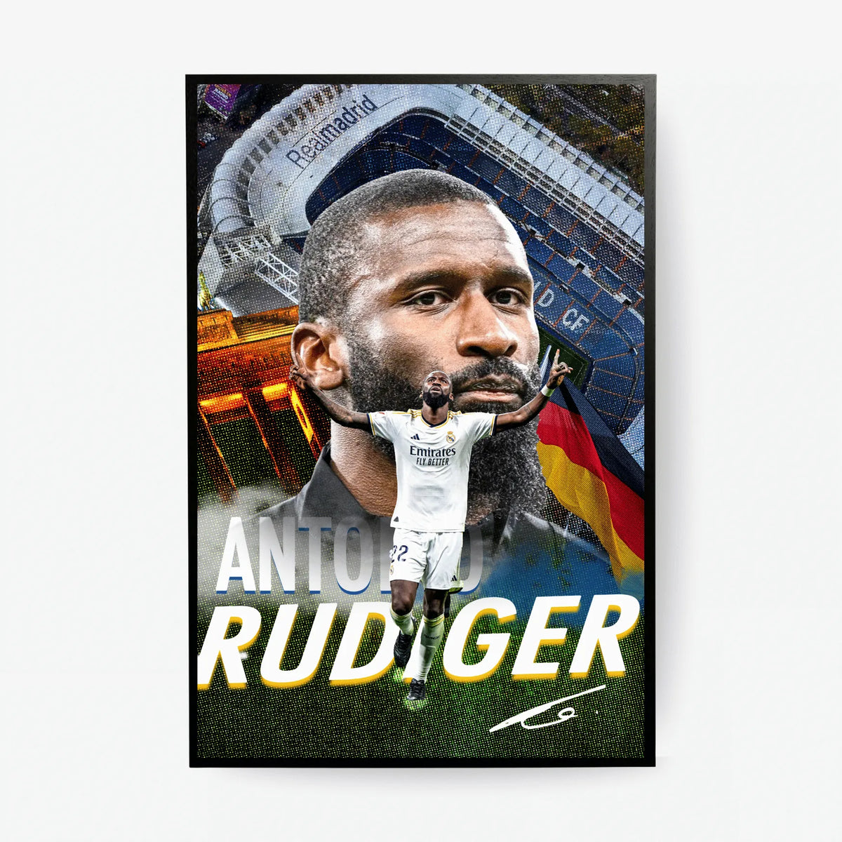 Poster design of Antonio Rüdiger featuring his portrait, Real Madrid’s Santiago Bernabéu stadium in the background, and him celebrating in a white Real Madrid kit