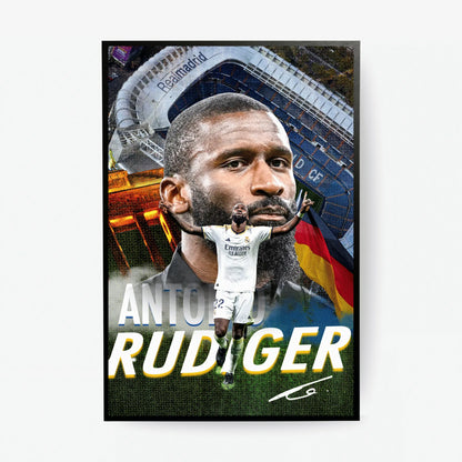Poster design of Antonio Rüdiger featuring his portrait, Real Madrid’s Santiago Bernabéu stadium in the background, and him celebrating in a white Real Madrid kit