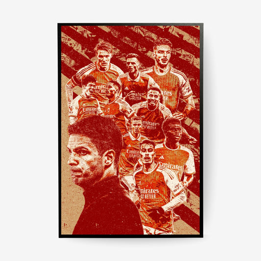 Arsenal football team poster in a black frame featuring Mikel Arteta and Arsenal players in a red vintage collage design