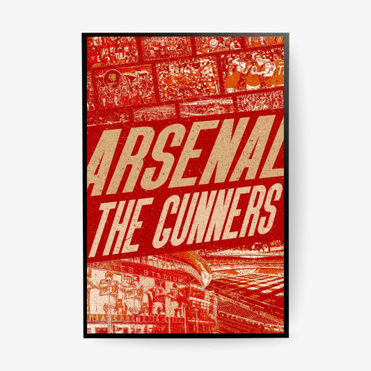 Arsenal The Gunners football poster in a black frame featuring Emirates Stadium and Arsenal fan moments in a red vintage design