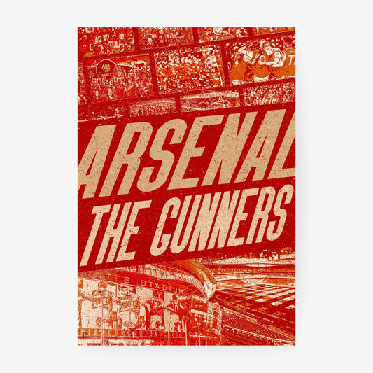 Arsenal The Gunners poster featuring Emirates Stadium and Arsenal football moments in a red vintage collage design