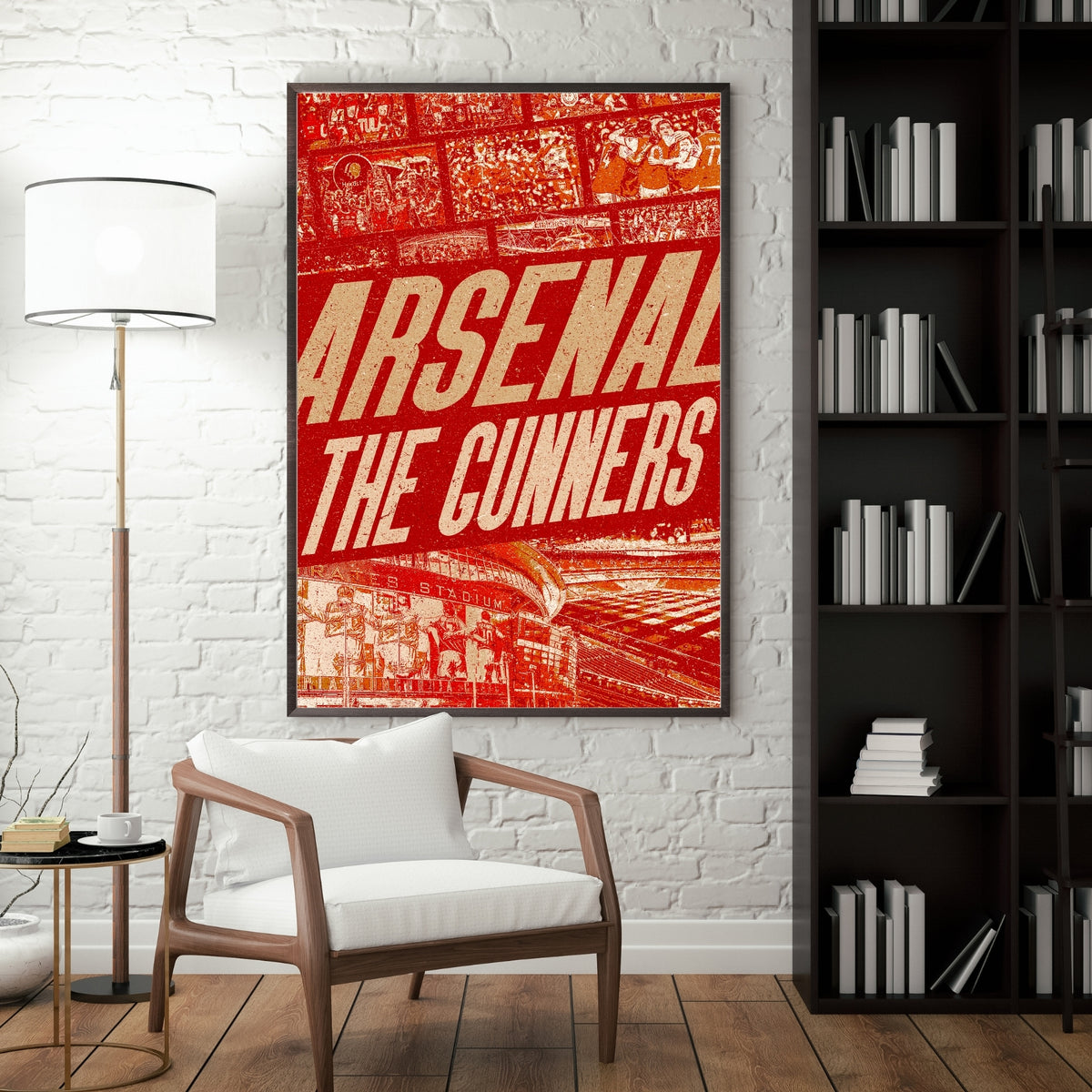 Arsenal The Gunners football poster displayed in a modern interior with a red vintage Emirates Stadium design