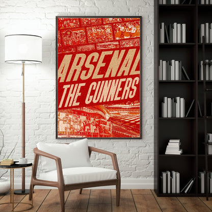 Arsenal The Gunners football poster displayed in a modern interior with a red vintage Emirates Stadium design