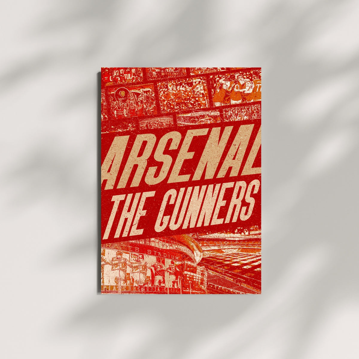 Arsenal The Gunners wall art featuring Emirates Stadium and fan moments in a red vintage football design