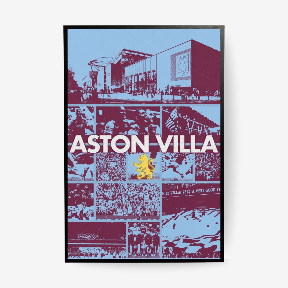 Aston Villa football poster with Villa Park collage in a black frame