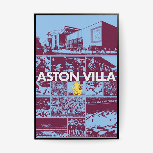Aston Villa football poster with Villa Park collage in a black frame