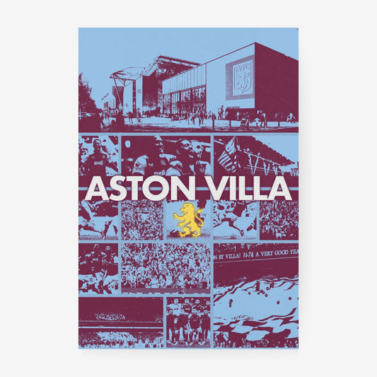Aston Villa poster featuring Villa Park, players and supporters in claret and blue