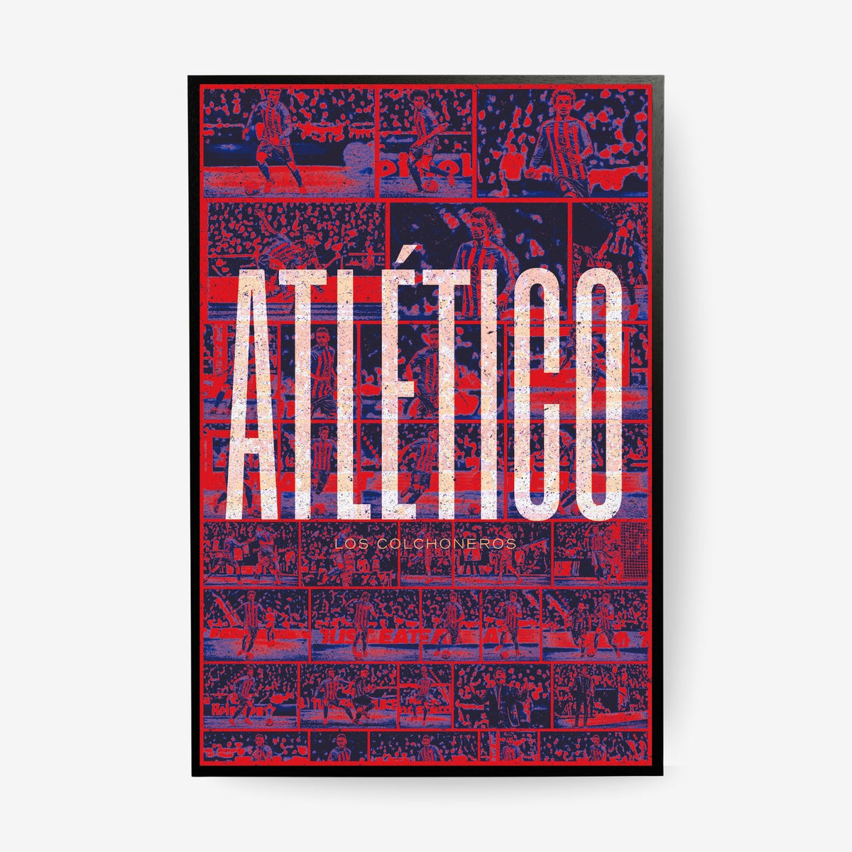 Atlético Madrid football poster in a black frame featuring iconic players and historic club moments
