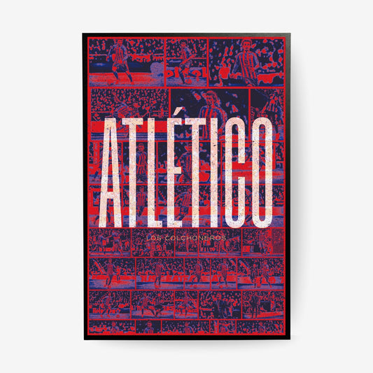Atlético Madrid football poster in a black frame featuring iconic players and historic club moments