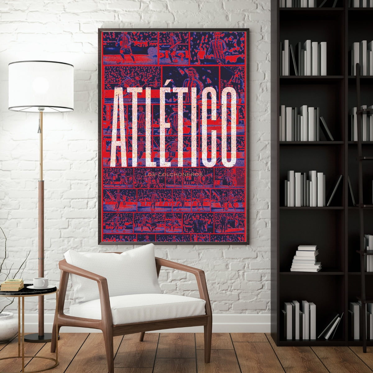 Atlético Madrid football poster displayed in a modern interior with a black frame