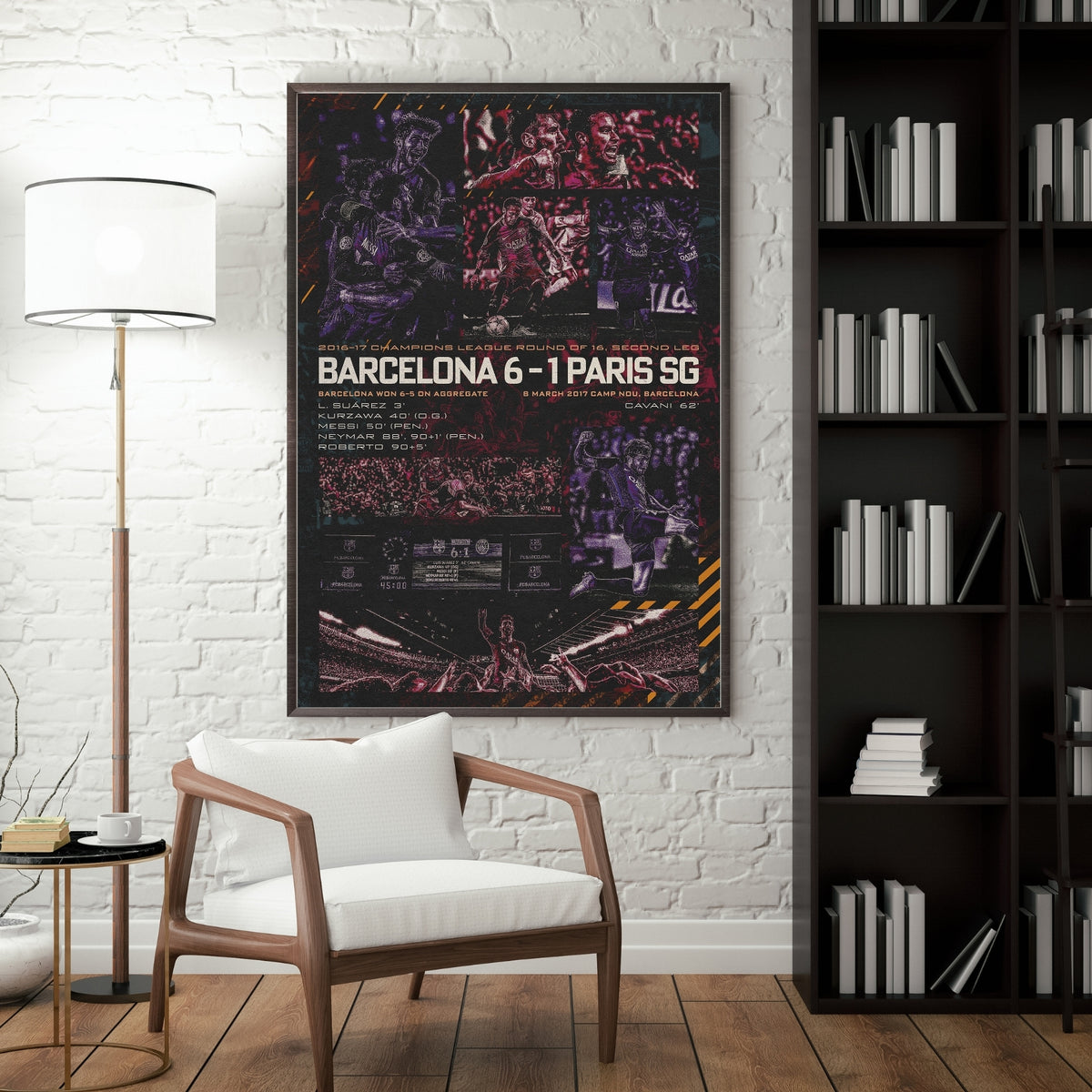 Barcelona 6-1 Paris SG Champions League poster displayed in a modern interior