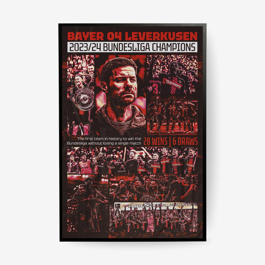 Bayer 04 Leverkusen 2023/24 Bundesliga Champions football poster in a black frame