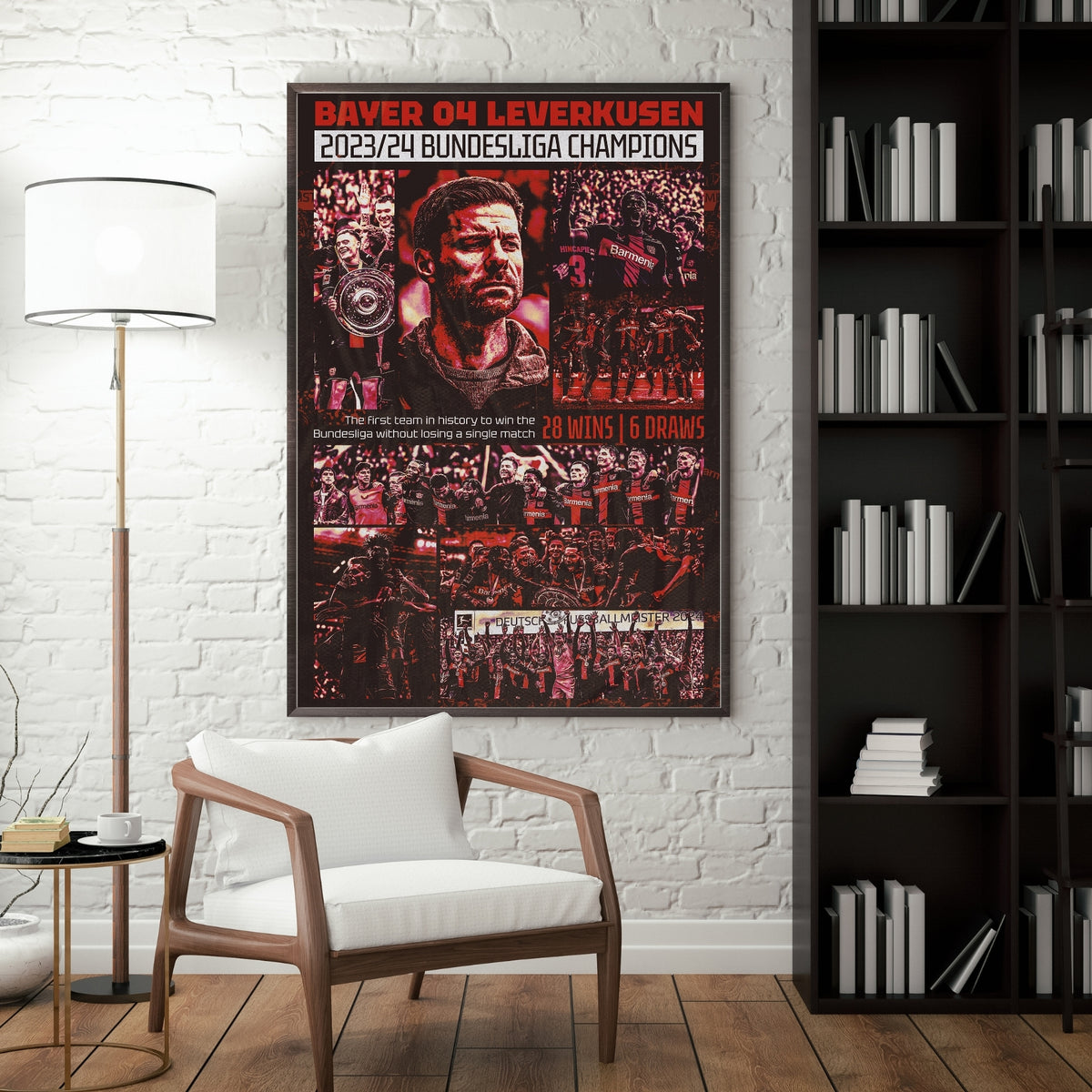 Bayer 04 Leverkusen 2023/24 Bundesliga Champions football poster displayed in a modern interior