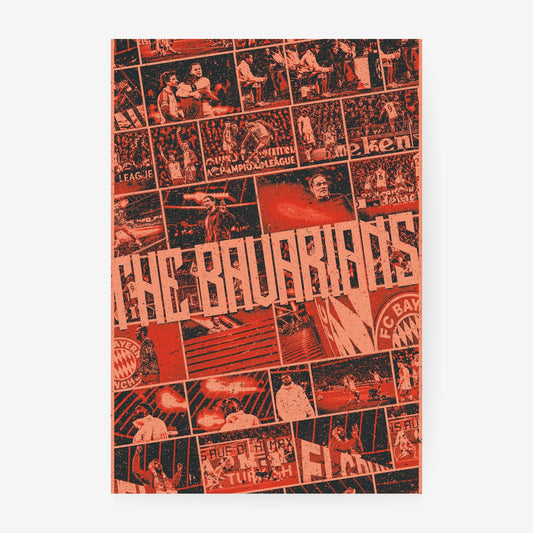 Bayern Munich Die Bayern football poster featuring a vintage collage of iconic players and historic club moments