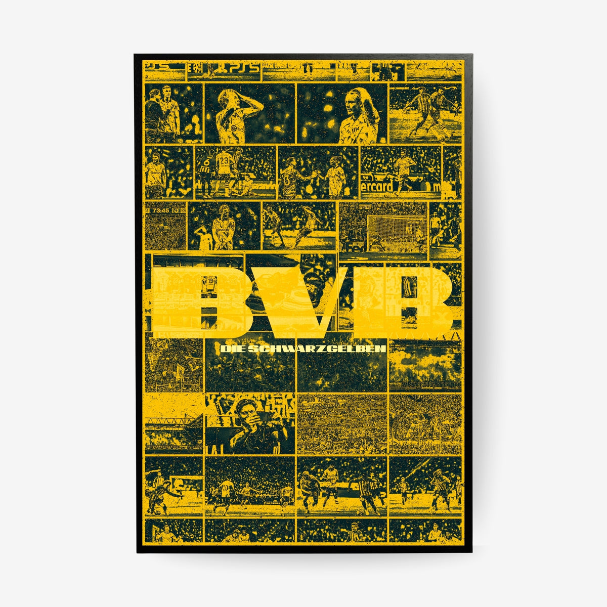Borussia Dortmund BVB football poster in a black frame featuring iconic players and club moments