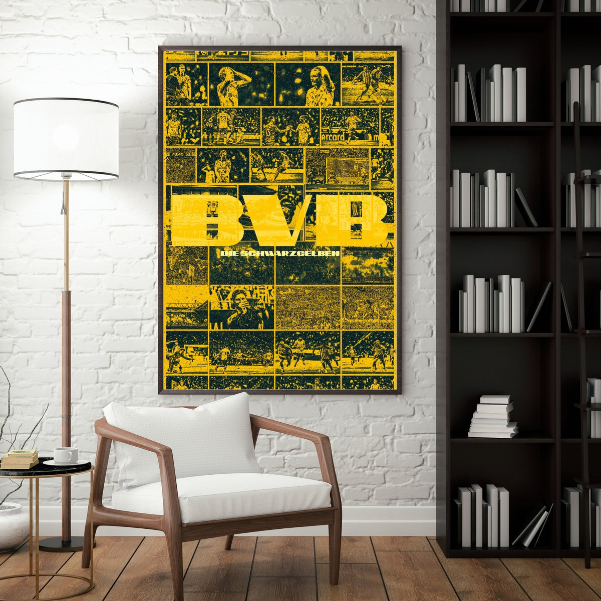 Borussia Dortmund BVB football poster displayed in a modern interior with a black frame