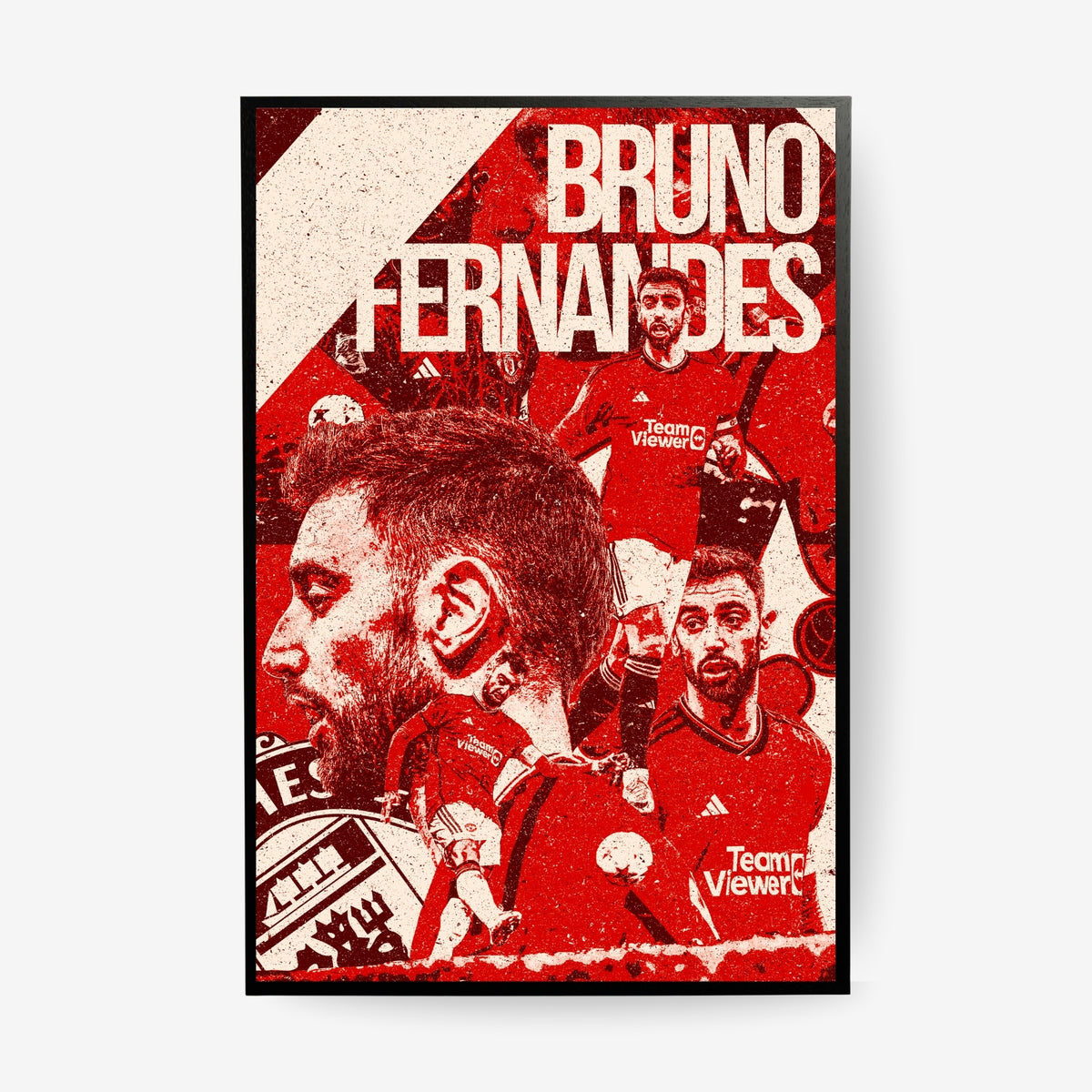 Bruno Fernandes Manchester United football poster in a black frame featuring a red and white collage design