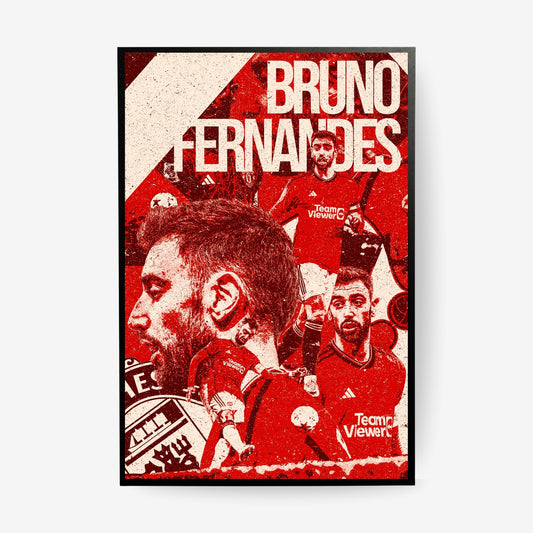 Bruno Fernandes Manchester United football poster in a black frame featuring a red and white collage design