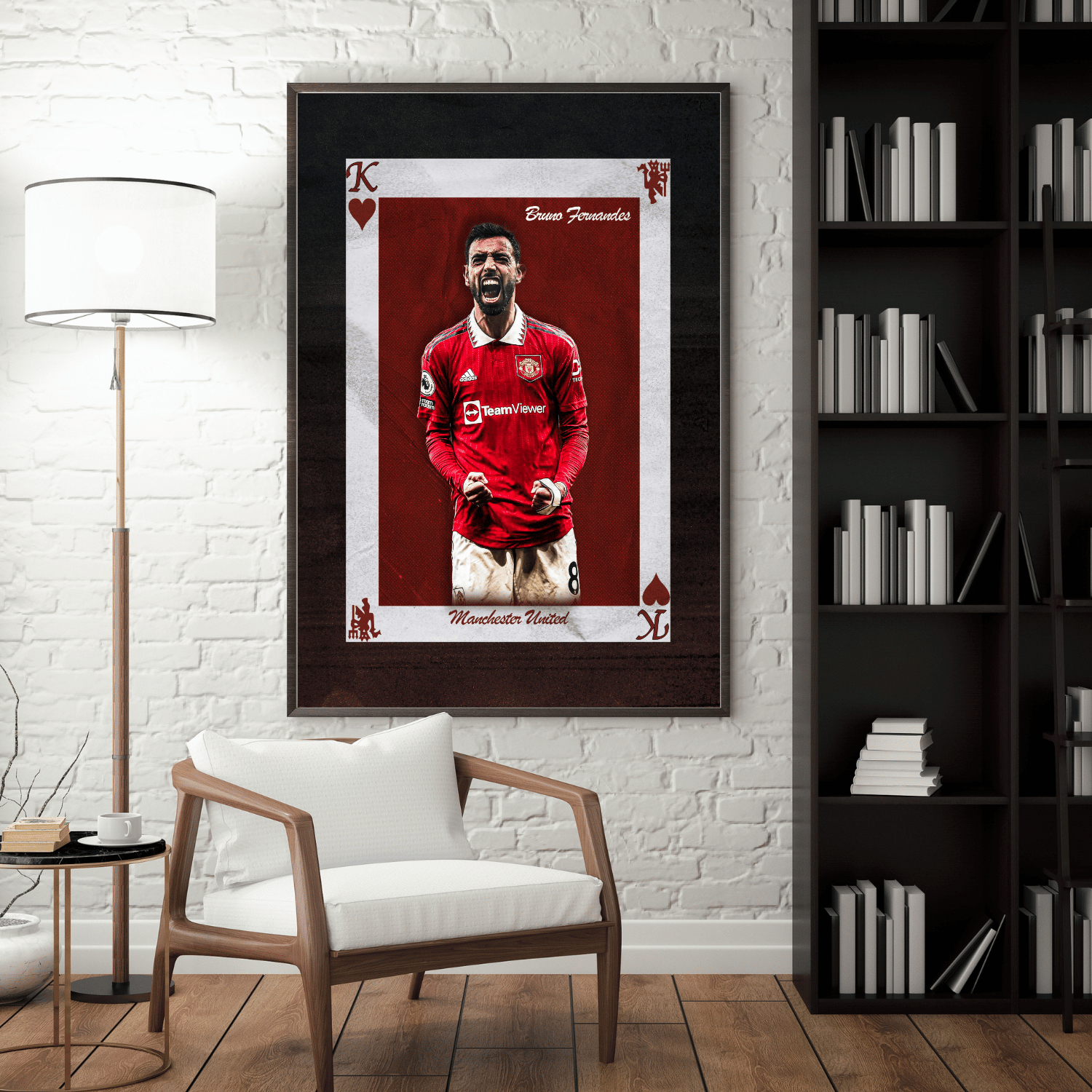 Framed Bruno Fernandes Manchester United football poster – King of Hearts playing card wall art in modern living room, football gift idea
