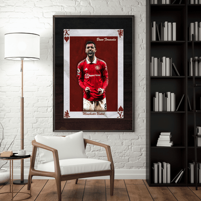 Framed Bruno Fernandes Manchester United football poster – King of Hearts playing card wall art in modern living room, football gift idea
