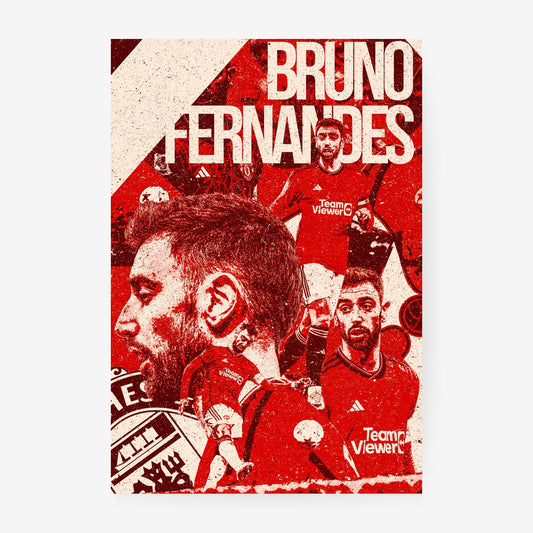 Bruno Fernandes Manchester United poster featuring the Portuguese midfielder in a red and white football collage