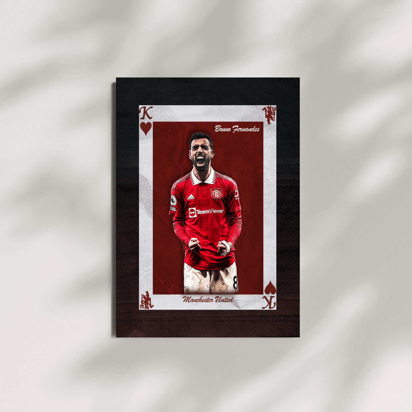 Bruno Fernandes Manchester United football print – King of Hearts playing card poster on neutral grey background, great gift