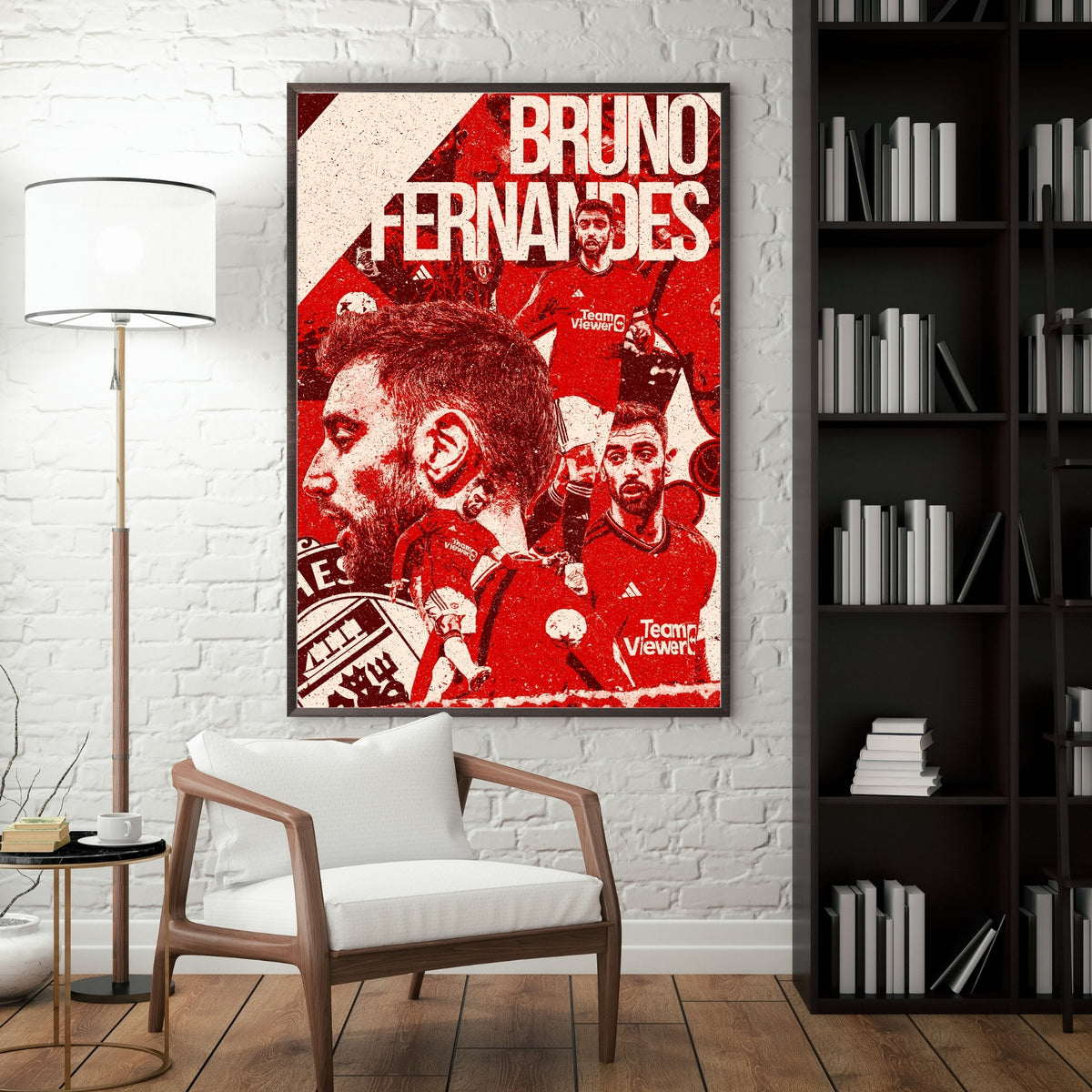 Bruno Fernandes Manchester United football poster displayed in a modern interior with red and white wall art