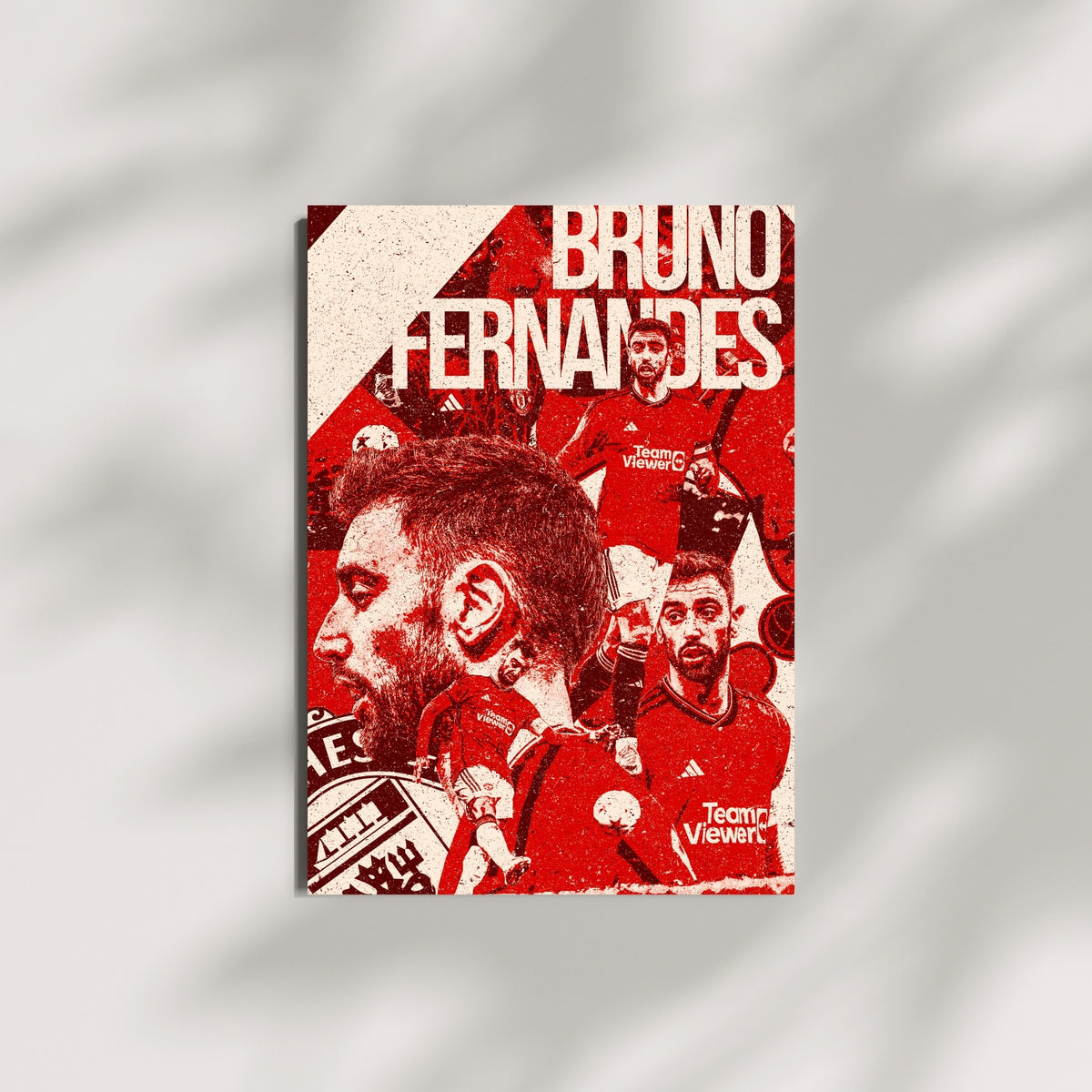 Bruno Fernandes Manchester United wall art featuring a red and white football poster design