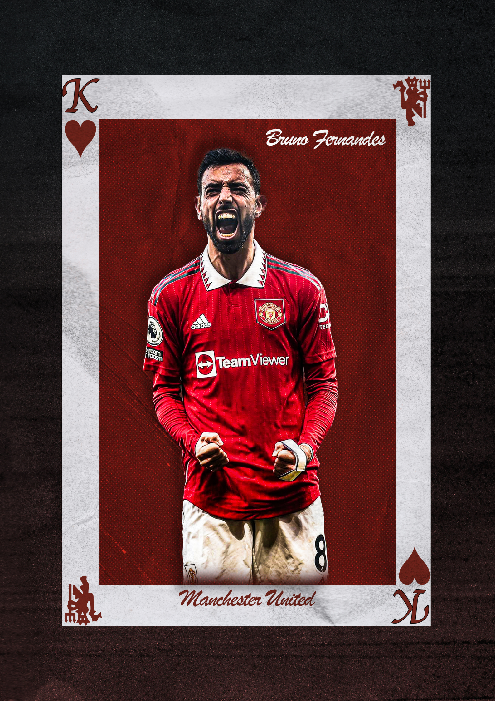 Bruno Fernandes football poster styled as a King of Hearts playing card, featuring Manchester United player on red background with white card border and club details.