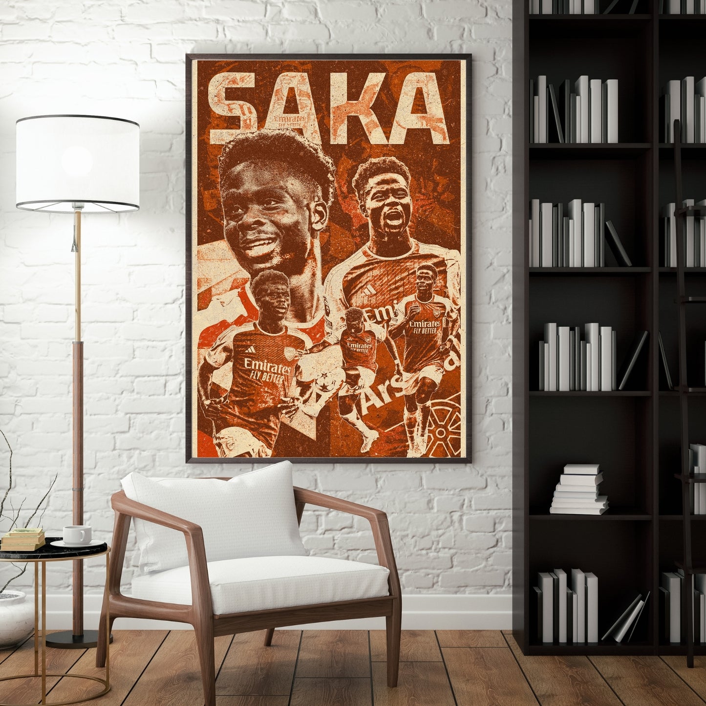 Bukayo Saka Arsenal poster displayed in a modern interior with a dark frame