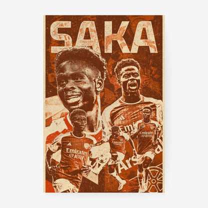 Bukayo Saka Arsenal poster featuring a vintage red and cream football collage