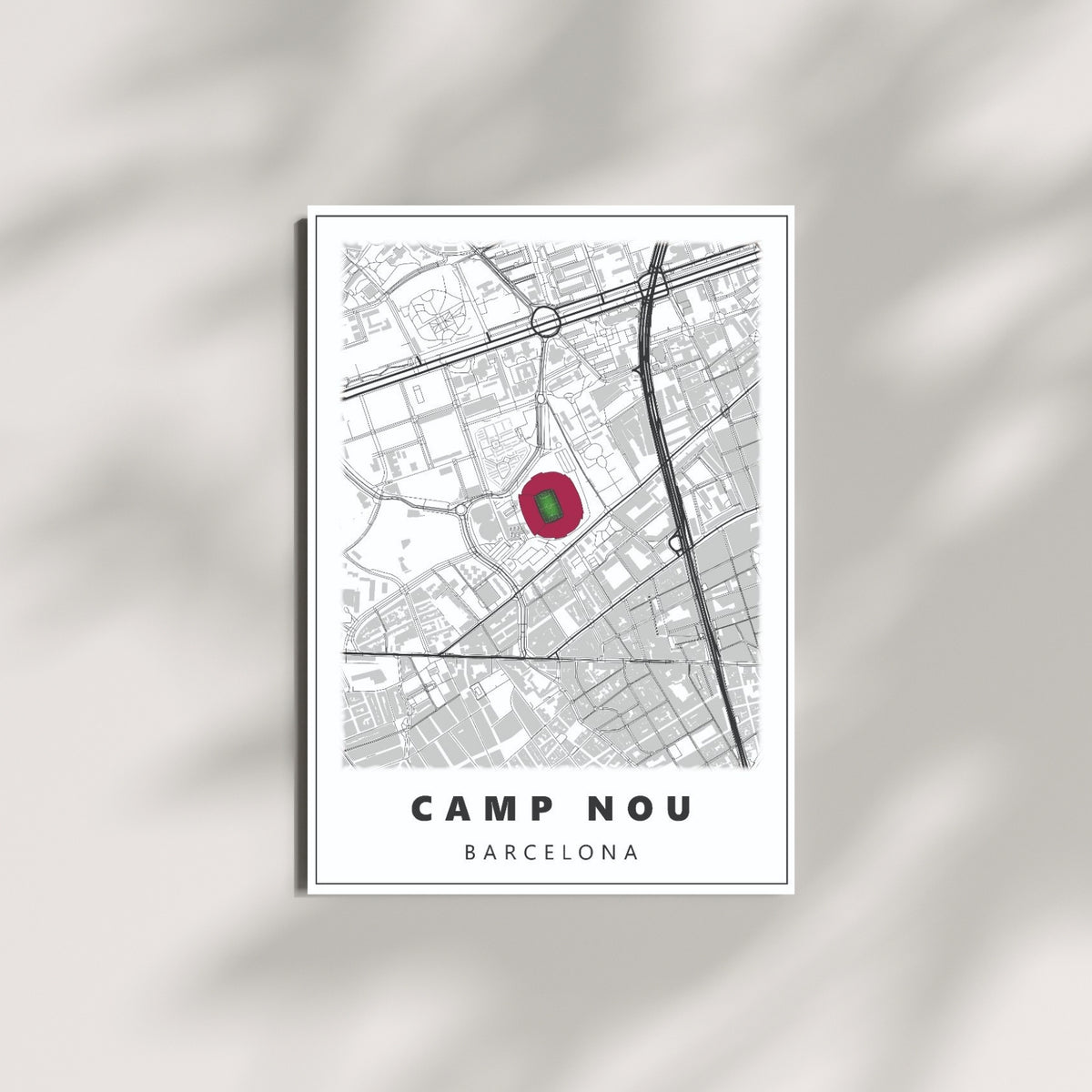 Camp Nou Barcelona football wall art featuring a minimalist stadium map design displayed on a modern wall