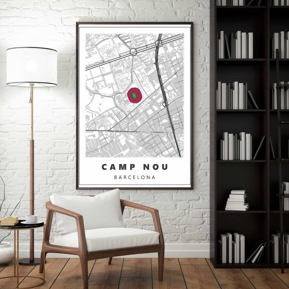 Camp Nou Barcelona stadium map poster displayed in a modern interior as minimalist football room decor
