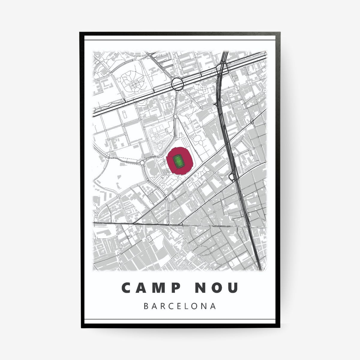 Camp Nou Barcelona stadium map poster in a black frame featuring a minimalist street map and iconic football stadium