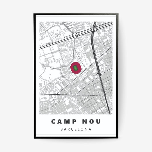 Camp Nou Barcelona stadium map poster in a black frame featuring a minimalist street map and iconic football stadium
