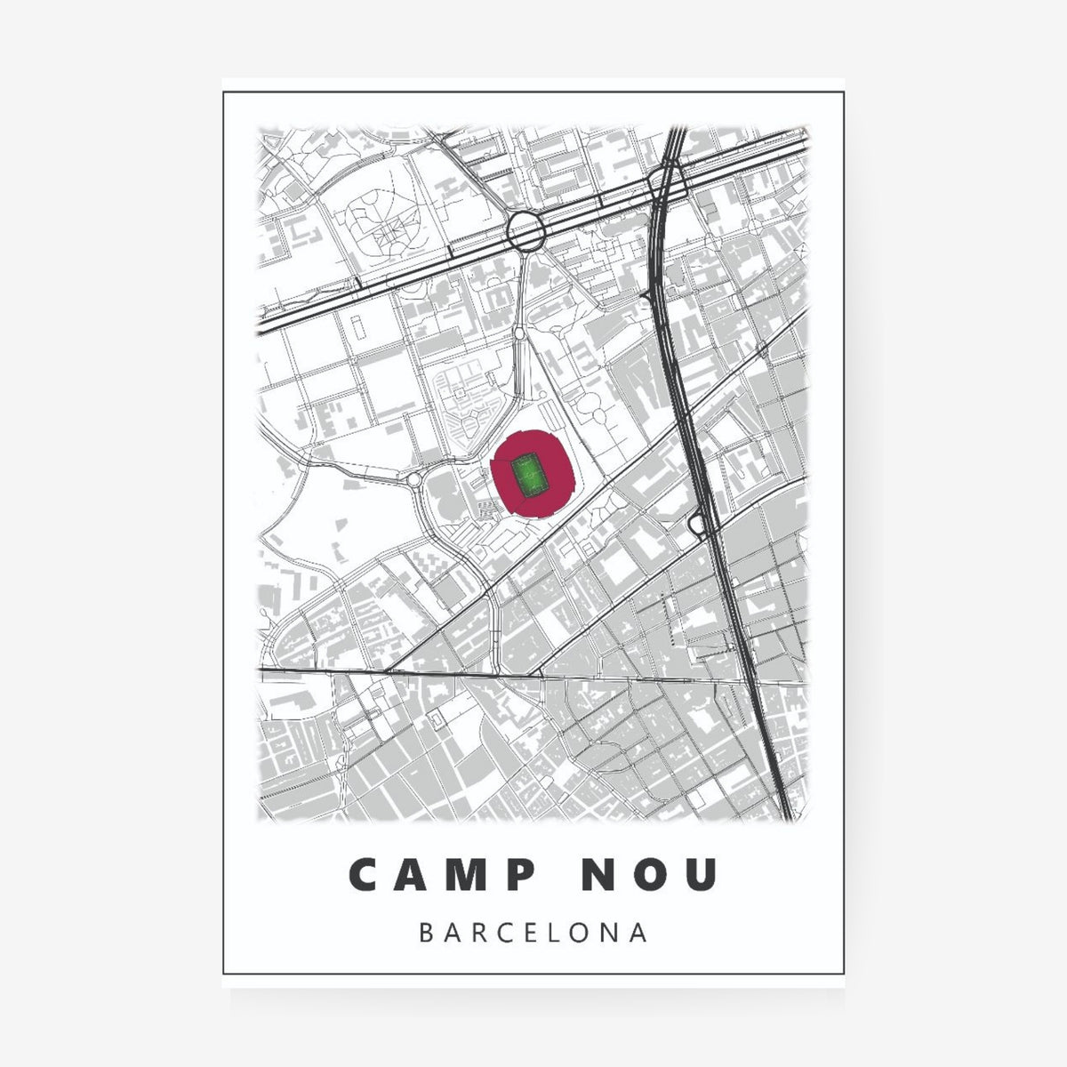 Camp Nou Barcelona stadium map poster featuring a minimalist street map with the iconic stadium highlighted