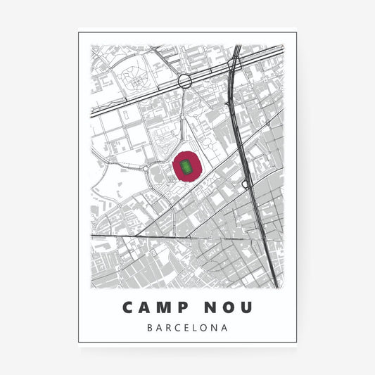 Camp Nou Barcelona stadium map poster featuring a minimalist street map with the iconic stadium highlighted