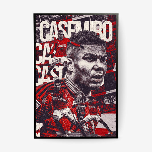 Casemiro Manchester United football poster in a black frame featuring a red and black collage design