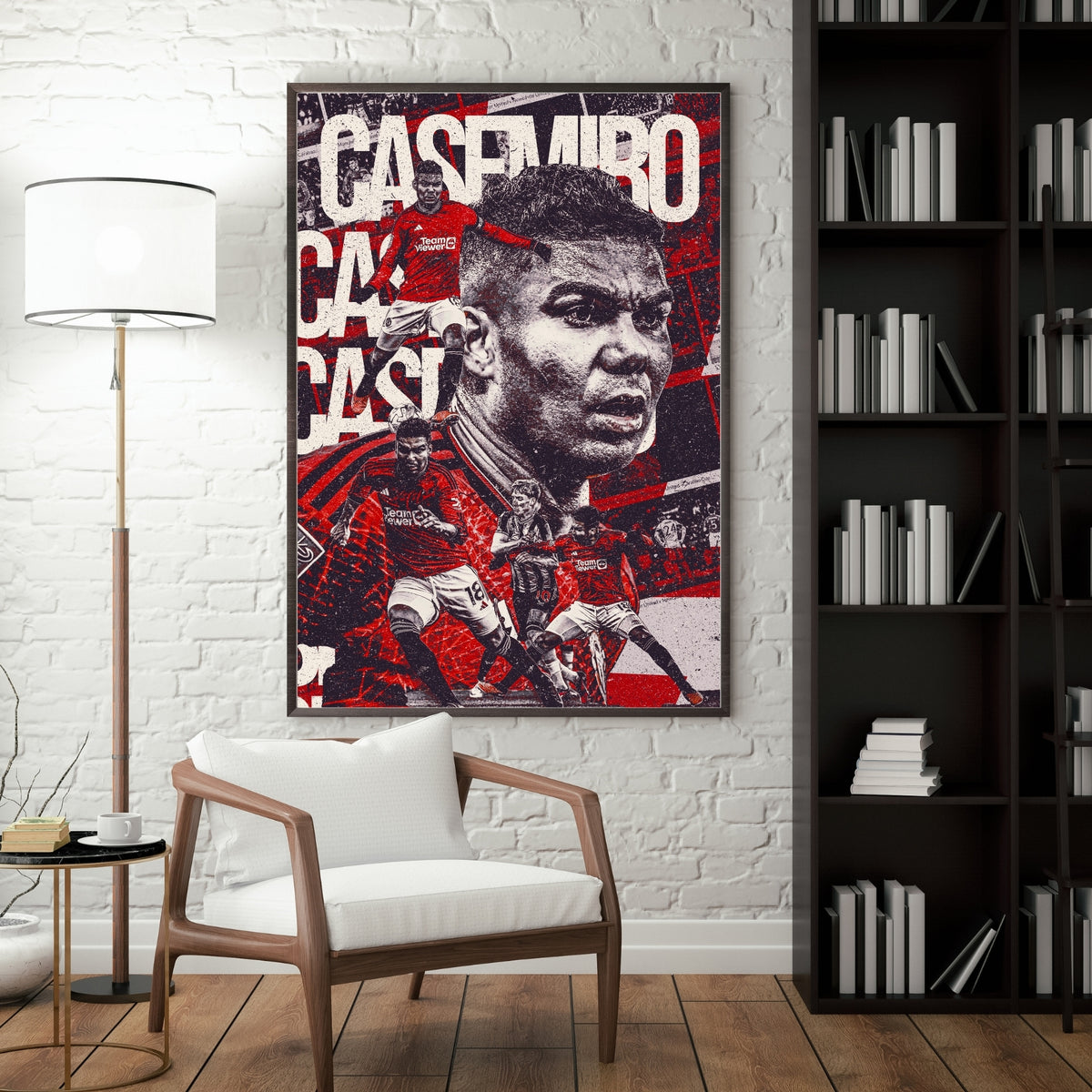 Casemiro Manchester United football poster displayed in a modern interior with red and black wall art