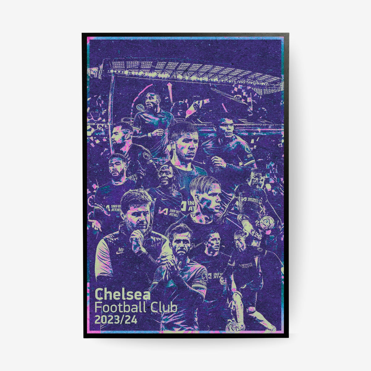 Chelsea 2023/24 squad football poster in a black frame featuring players in a purple and blue collage design