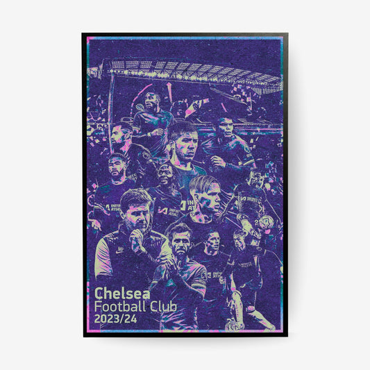 Chelsea 2023/24 squad football poster in a black frame featuring players in a purple and blue collage design