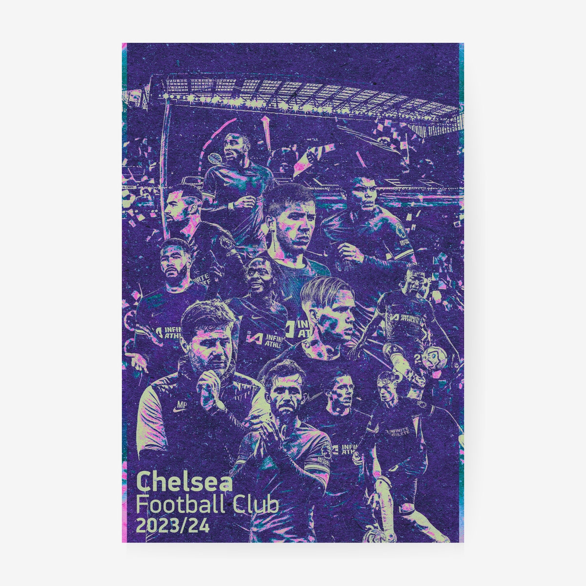 Chelsea 2023/24 squad poster featuring Chelsea players in a purple and blue vintage football collage