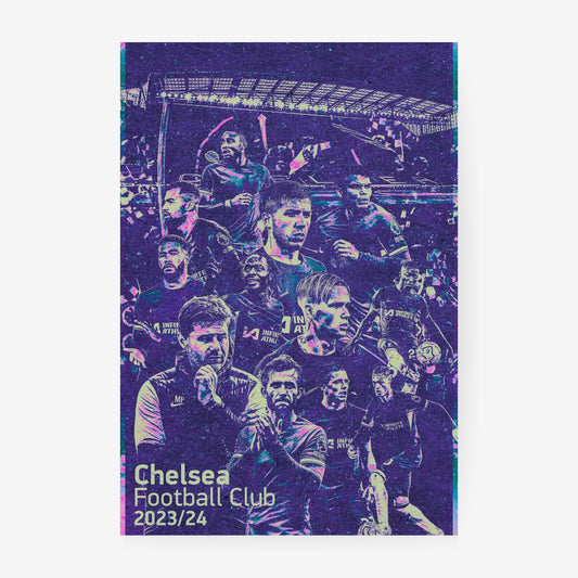 Chelsea 2023/24 squad poster featuring Chelsea players in a purple and blue vintage football collage