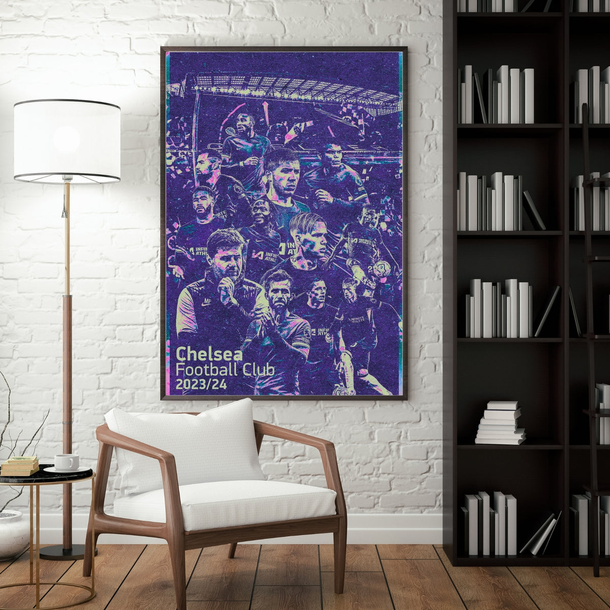 Chelsea 2023/24 squad football poster displayed in a modern interior with purple and blue wall art